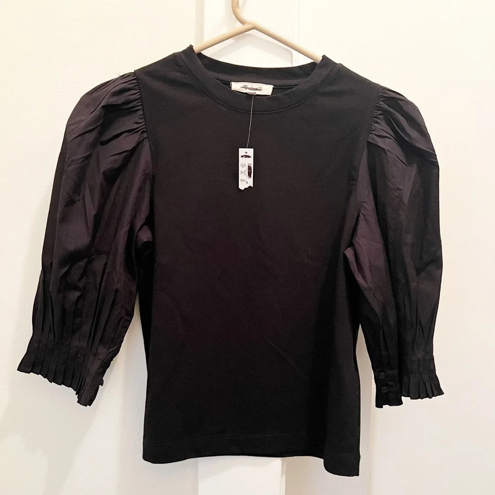 Madewell Puff Sleeve Top XXS‎ Mixed Media Black Cotton Contemporary